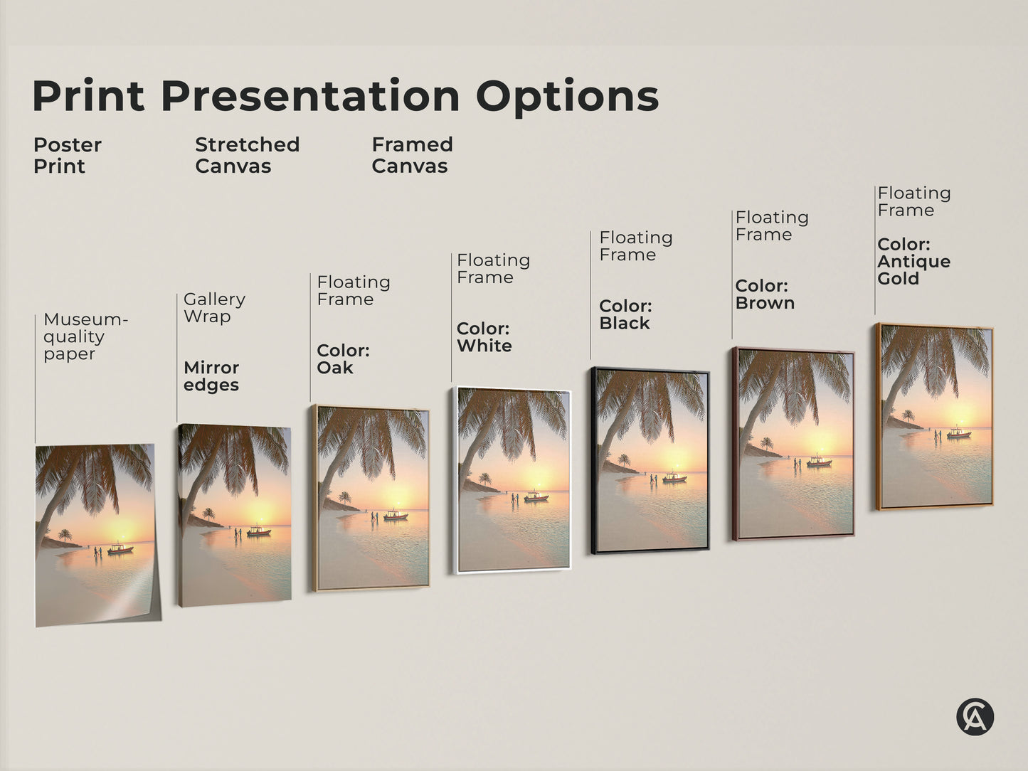 Print presentation options showcasing various framing styles for the beach sunset artwork. Choose from poster prints stretched canvas and framed canvas. Options include black brown antique gold and white frames. Find the perfect coastal canvas print to complement your home decor.
