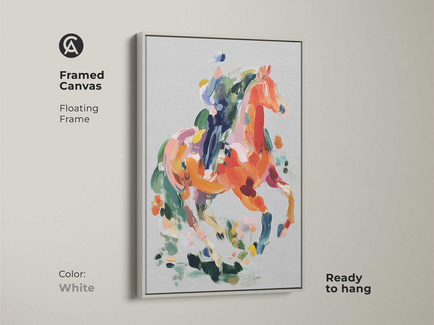 Framed Canvas featuring an abstract horse with a floating frame in white. This equestrian artwork is ready to hang. The vibrant orange and coral animal art adds a contemporary touch to any room. The bold brushstrokes and eclectic style make it a unique statement piece. A perfect gift for art collectors.