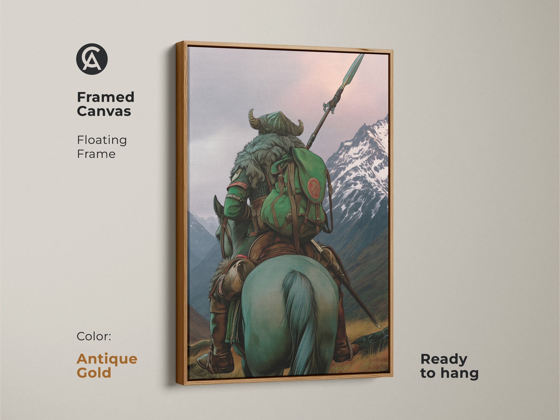 Adorn your walls with this framed canvas art. The antique gold floating frame accentuates the teal and grey mountain art. Showcasing a dark fantasy warrior on horseback. Ready to hang. This adventure themed canvas adds an eclectic touch to your bedroom or office space. Collectible print.