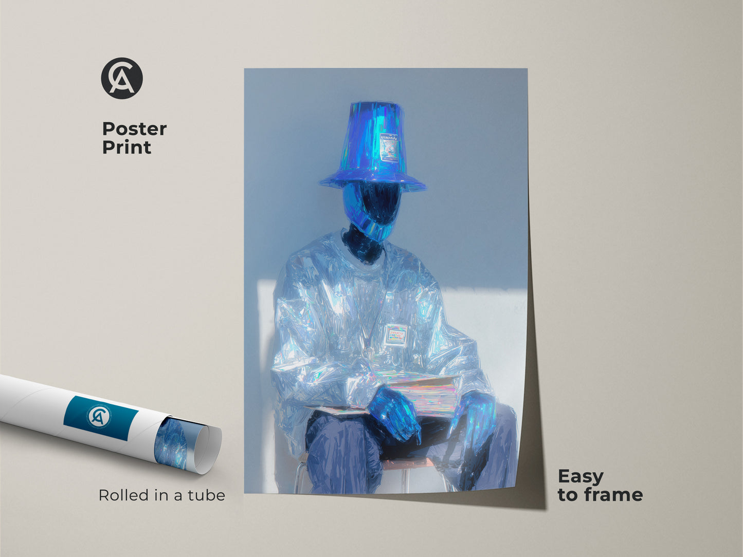 Poster print featuring a figure with a bucket hat. The subject is in shimmering attire. Rolled in a tube for easy framing. This museum-quality paper art adds a modern touch to your wall decor.