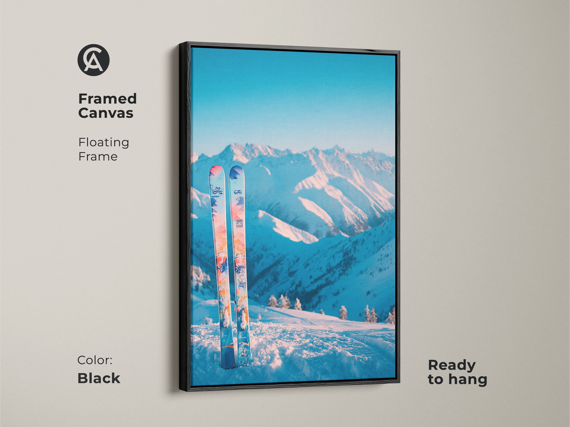 Black framed canvas art featuring a winter mountain scene with skis. The floating frame adds a touch of sophistication to the artwork. Ready to hang this piece brings a serene winter ambiance to any room. Perfect for ski and mountain art lovers.