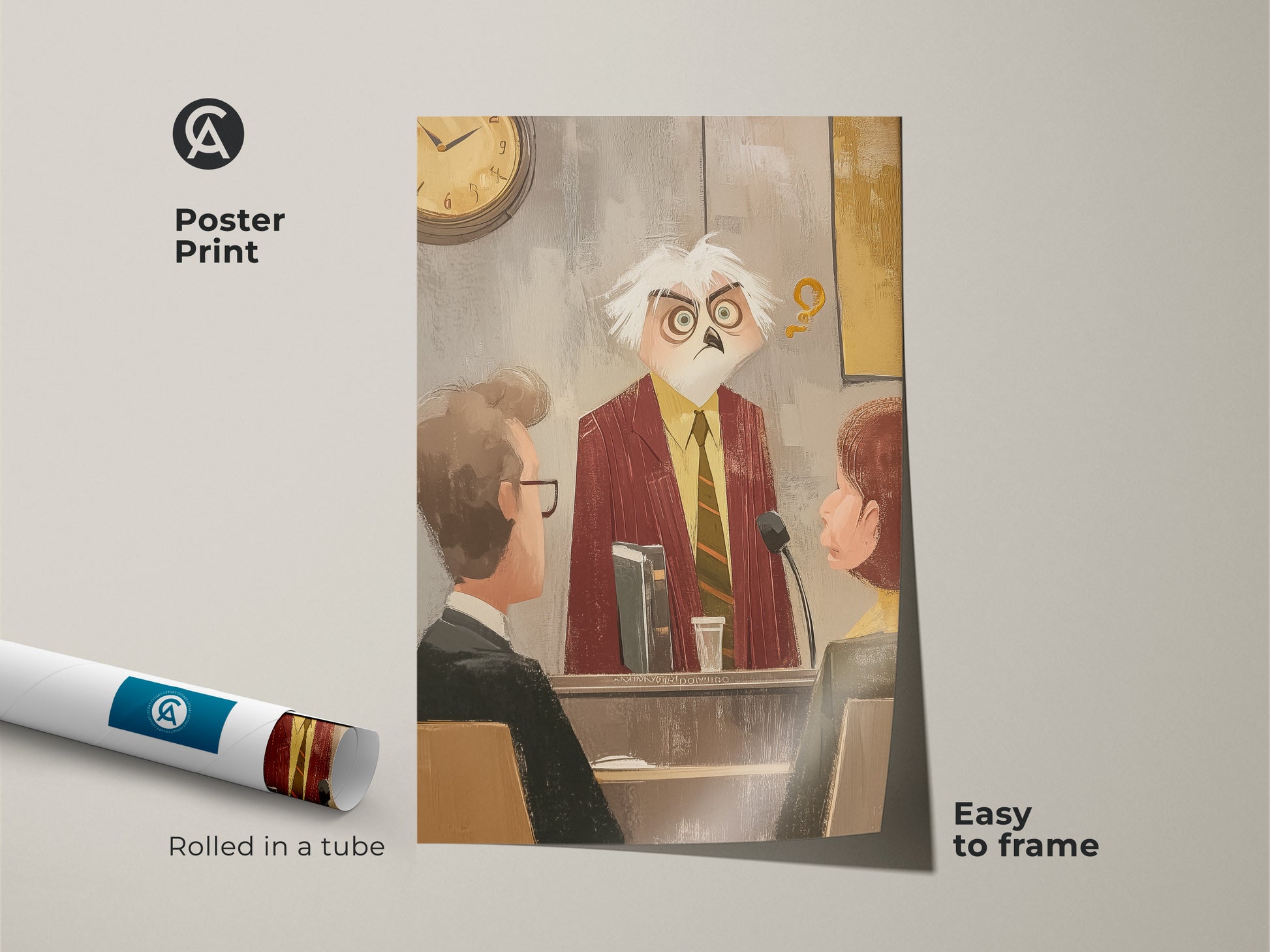 Poster print showcasing a humorous courtroom scene. An owl judge takes center stage in this lawyer gift idea. This eclectic artwork adds a touch of whimsy. It is an easy to frame piece. The rolled in a tube ensures safe delivery and display.