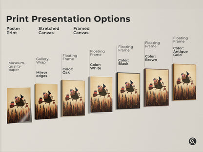Explore the various Print Presentation Options for the Witch Flying with Books art. Choose from Poster Print Stretched Canvas or Framed Canvas. Decorate your space with whimsical folk art.