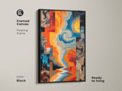 Black Framed Canvas Print. Abstract expressionism artwork featuring orange yellow and blue swirls. This eclectic home decor art is ready to hang. It's a modern abstract wall art piece for any living space or entry hall.