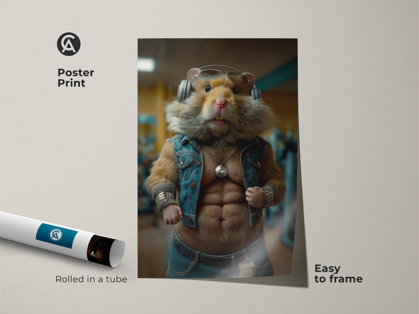 Poster print of a humorous hamster in gym attire. The bodybuilder hamster canvas art comes rolled in a tube. This art print is easy to frame. It's a unique gift for a bodybuilder friend adding an eclectic touch to your home decor art or workout room.