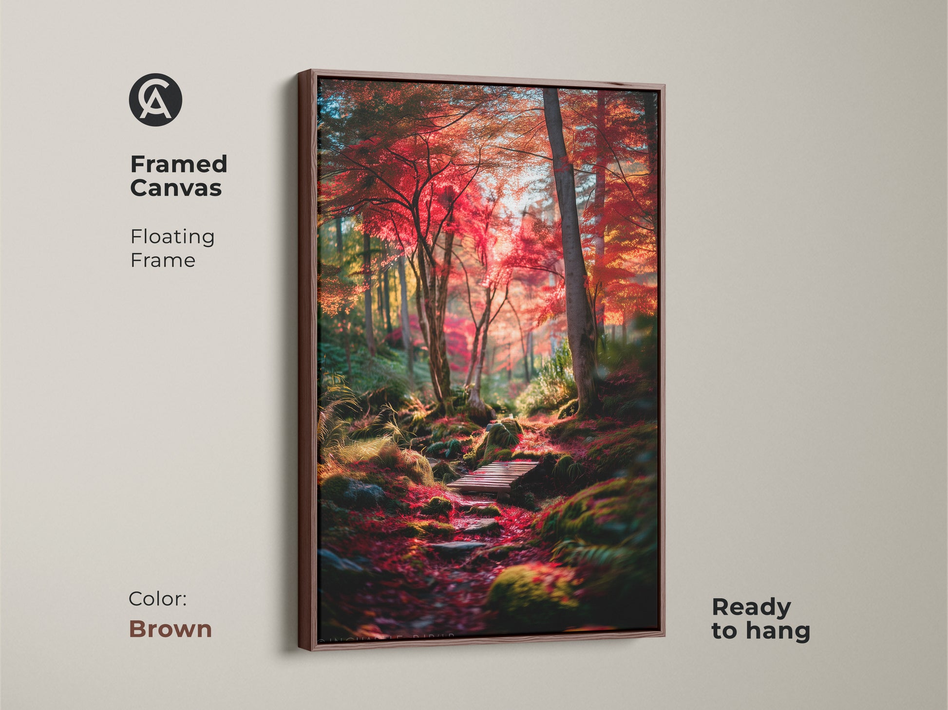 Framed canvas art of a lush forest scene. The brown floating frame enhances the artwork's natural beauty. This canvas print arrives ready to hang. A perfect piece for nature-inspired home decor.