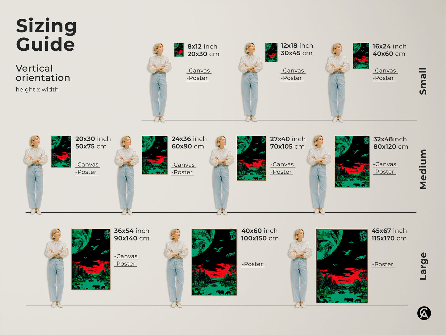 Sizing guide for surreal emerald green and red art prints. Visualize different sizes in canvas and poster formats. Find the perfect fit for your space from small to large. The retro sci-fi wildlife artwork adapts beautifully to any wall.