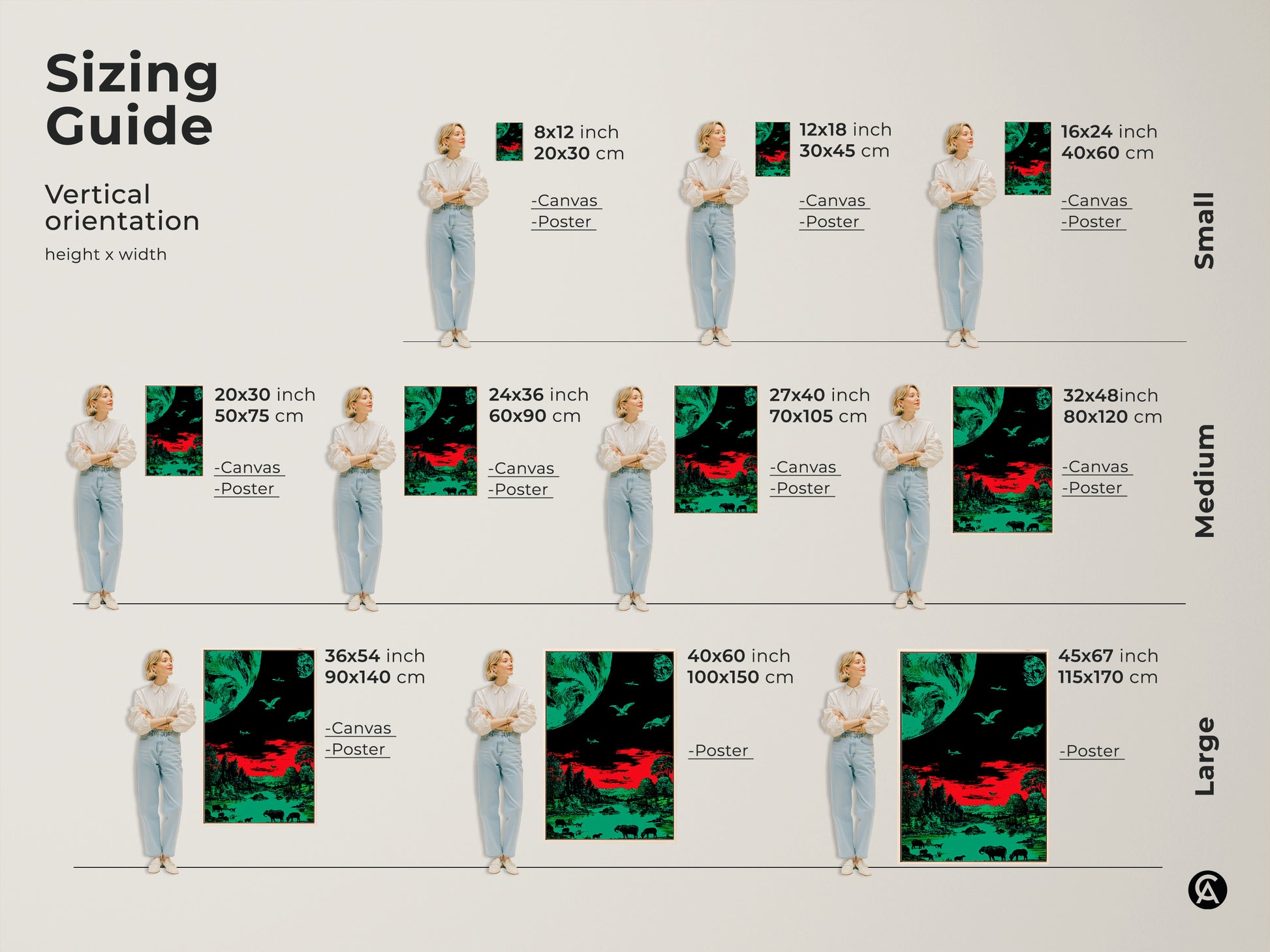 Sizing guide for surreal emerald green and red art prints. Visualize different sizes in canvas and poster formats. Find the perfect fit for your space from small to large. The retro sci-fi wildlife artwork adapts beautifully to any wall.