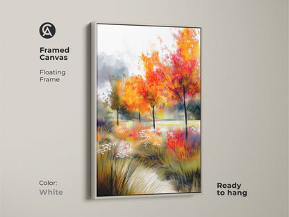 Framed canvas art with a floating frame in white. The artwork showcases colorful autumn trees. Ready to hang this framed print offers a clean modern look. The bright landscape brings nature indoors.