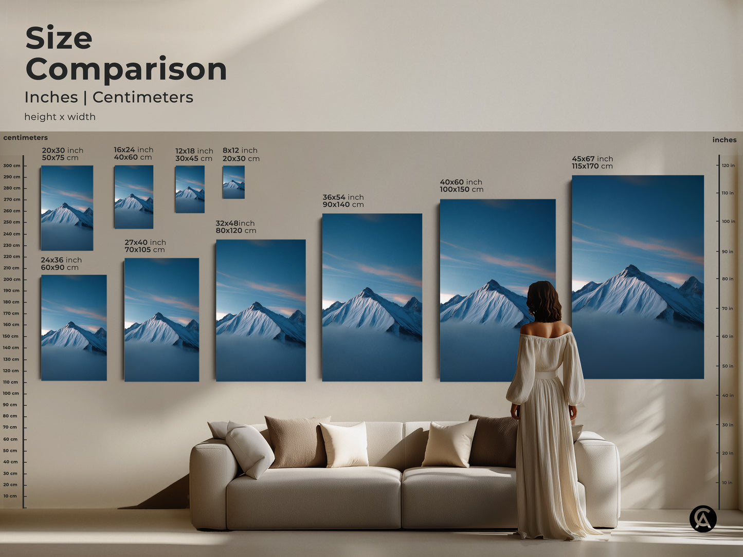 Size comparison of Snowy Mountain canvas art in inches and centimeters. Visualize how this deep blue landscape print transforms your living room. Select the ideal size for your serene blue wall art.