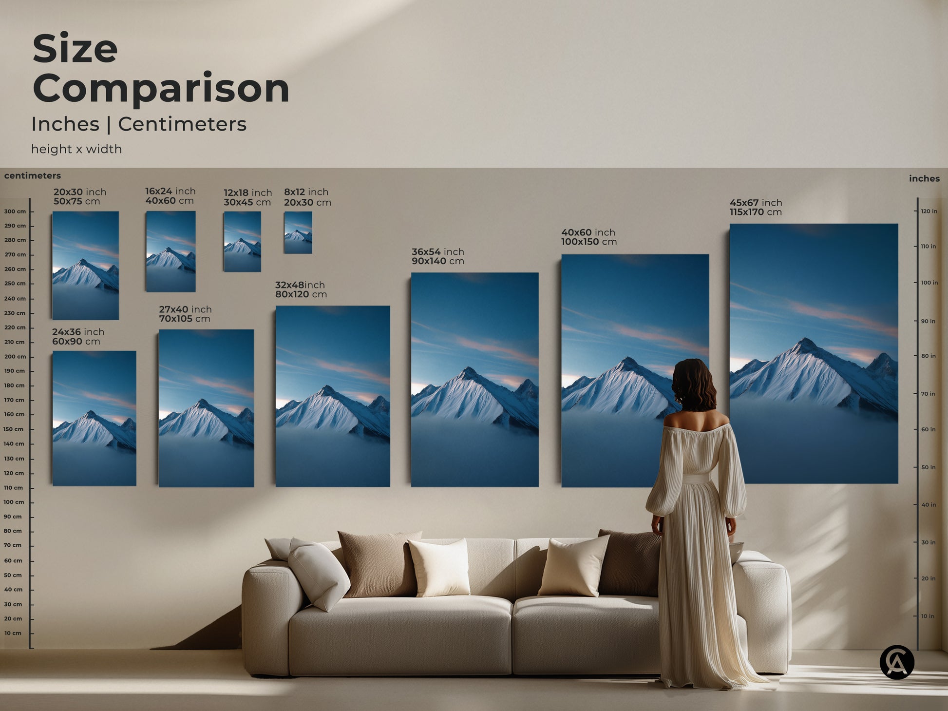 Size comparison of Snowy Mountain canvas art in inches and centimeters. Visualize how this deep blue landscape print transforms your living room. Select the ideal size for your serene blue wall art.