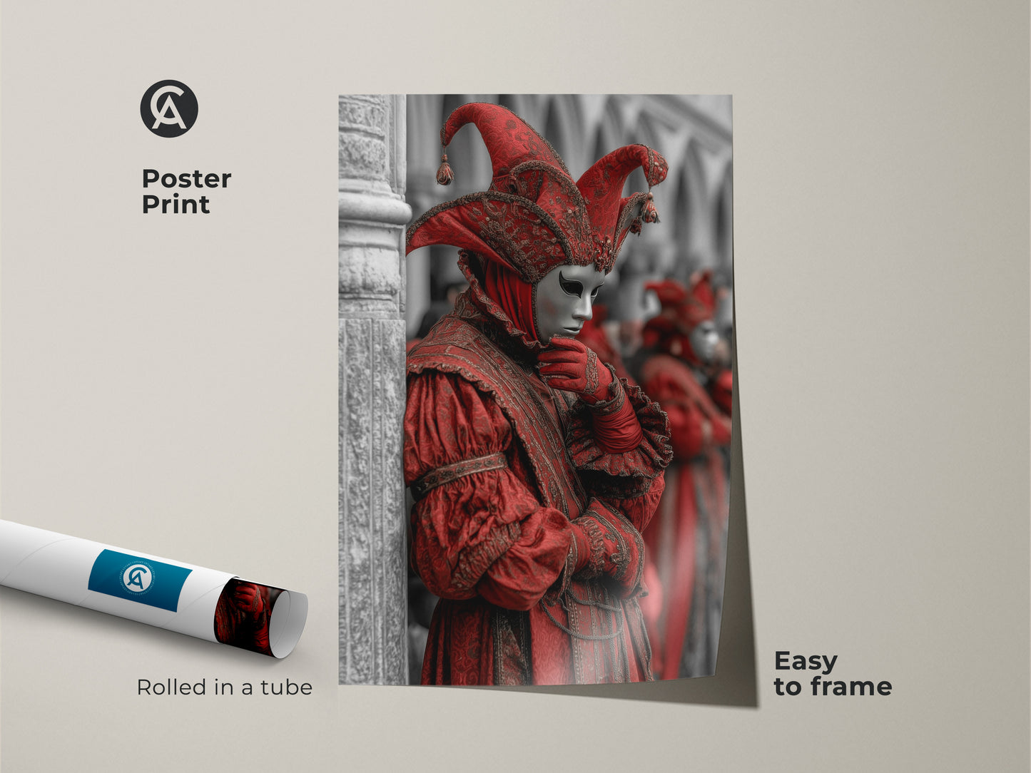 Poster print of a Venetian Carnival Jester. Red mask masquerade art for your walls. Gothic Baroque costume artwork enhances your home decor. Eclectic Italian festival decor for your entry hallway. Crimson Jester Mask art. Easy to frame and display.