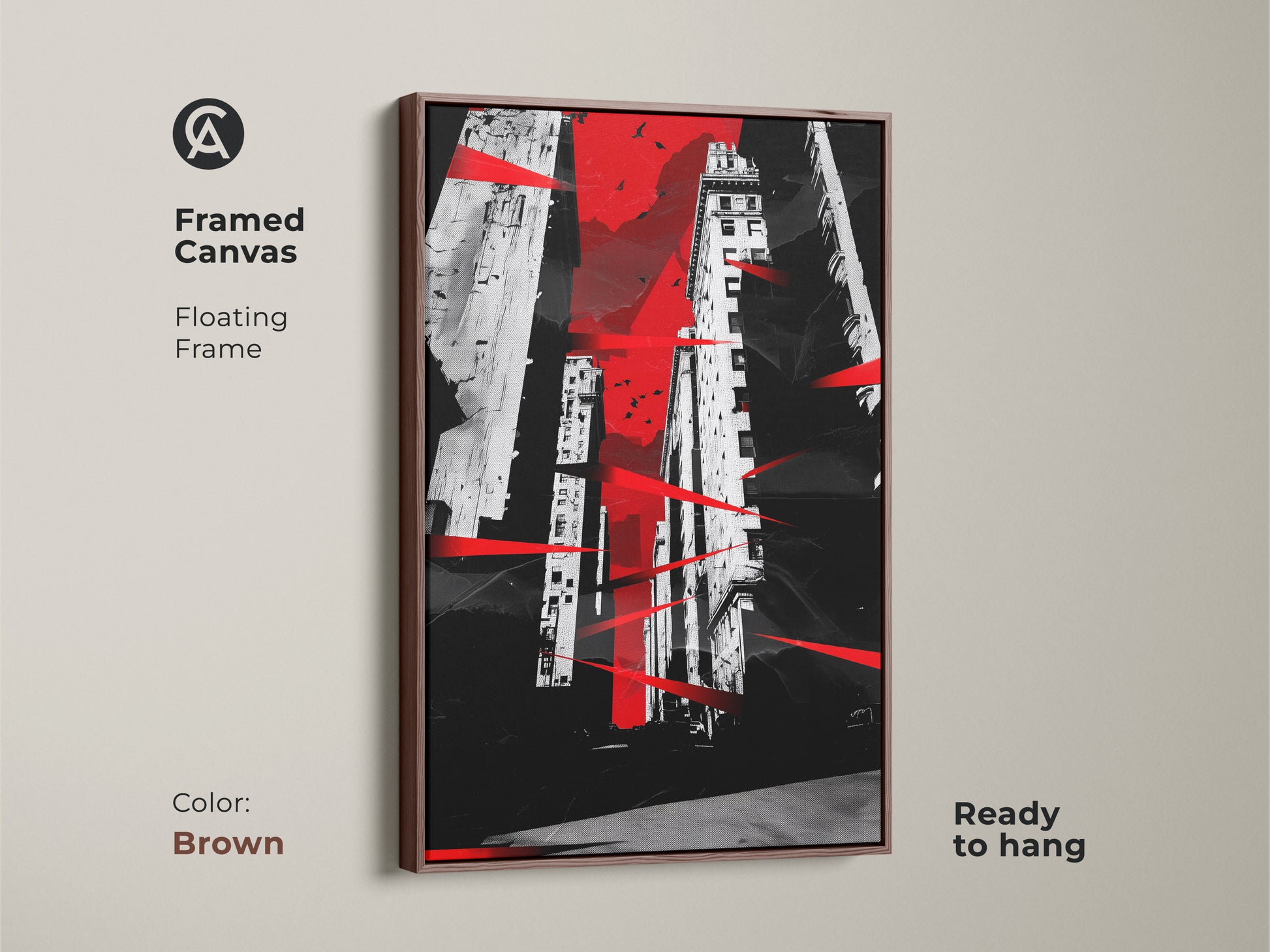 Brown framed canvas showcasing abstract cityscape. Floating frame complements the modern artwork. The red black and white buildings canvas print is ready to hang. Contemporary art adds sophistication to any space. Features urban architecture and subtle bird motifs.