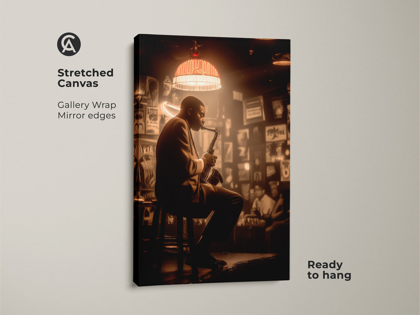 A stunning gallery wrapped canvas print showcasing a jazz saxophonist in action. The image features mirror edges. The canvas is ready to hang. It creates a seamless and modern look. This stretched canvas artwork will bring a sophisticated musical vibe to any room.