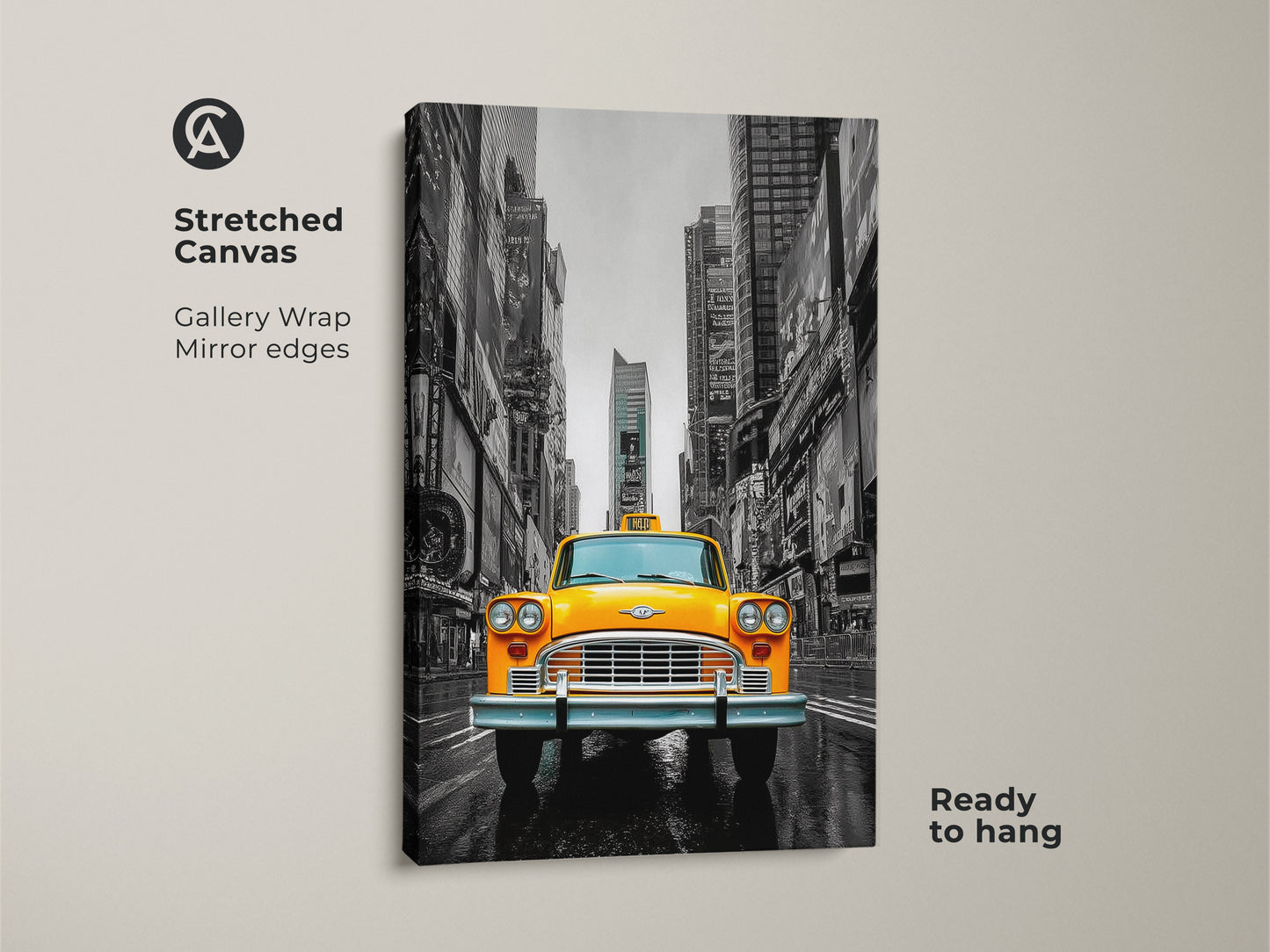 NYC Times Square print on stretched canvas. It showcases a retro yellow cab. The gallery wrapped edges offer a sleek modern look. Ready to hang this photographic cityscape brings an urban vibe. Perfect contemporary wall decor for home or office.