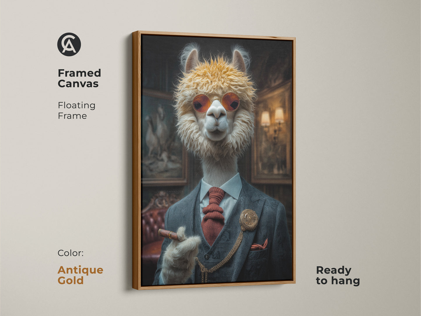 Antique gold framed canvas featuring a dapper alpaca. It is smoking a cigar. The golden frame complements the artwork's beige tones. Ready to hang for a classy office.