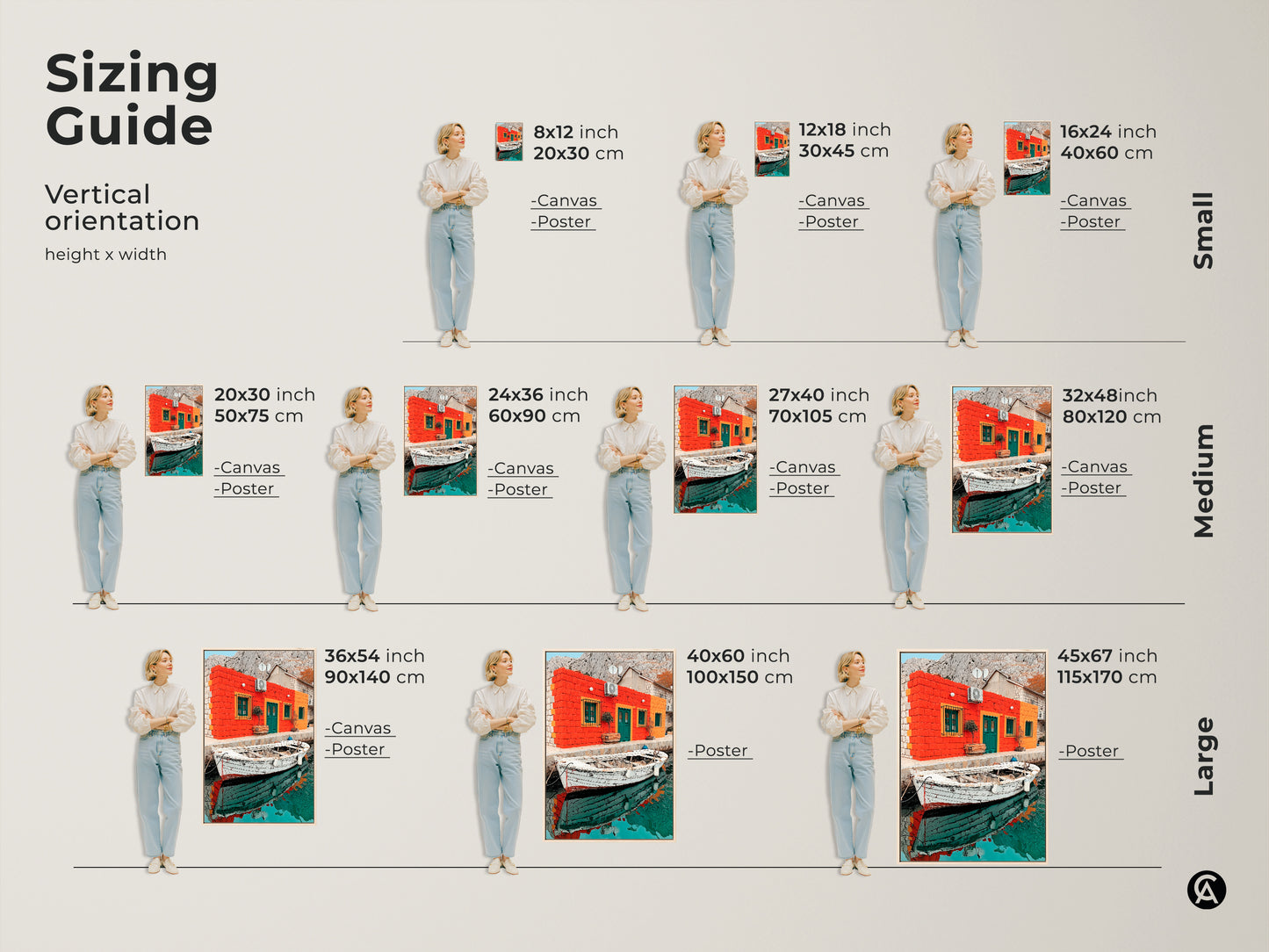 Sizing guide shows how this Mediterranean coastal art print fits in various spaces. See how the orange teal artwork and realism landscape scale in different sizes. Perfect for travel lover gifts.