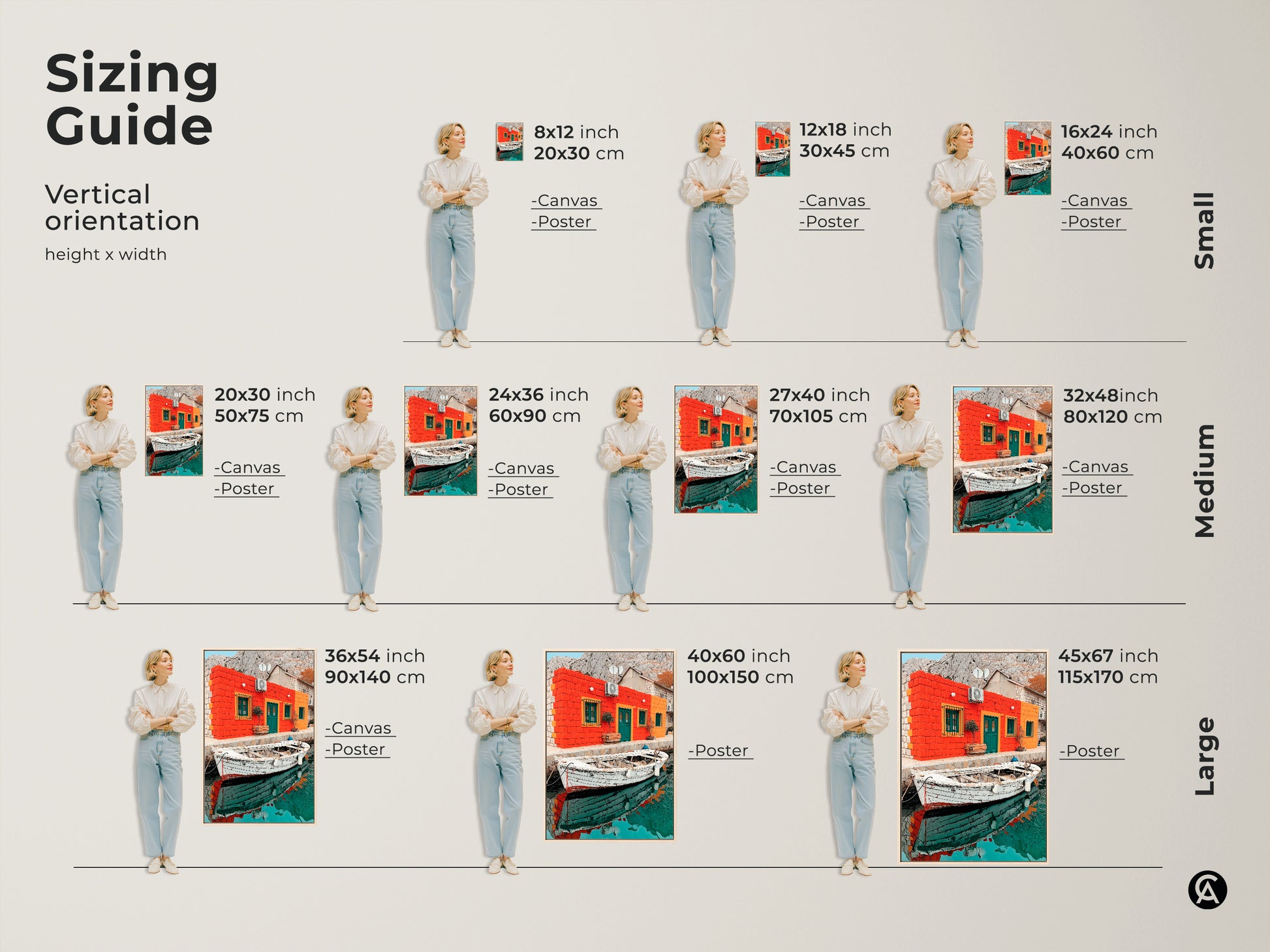Sizing guide shows how this Mediterranean coastal art print fits in various spaces. See how the orange teal artwork and realism landscape scale in different sizes. Perfect for travel lover gifts.