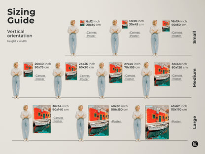Sizing guide shows how this Mediterranean coastal art print fits in various spaces. See how the orange teal artwork and realism landscape scale in different sizes. Perfect for travel lover gifts.