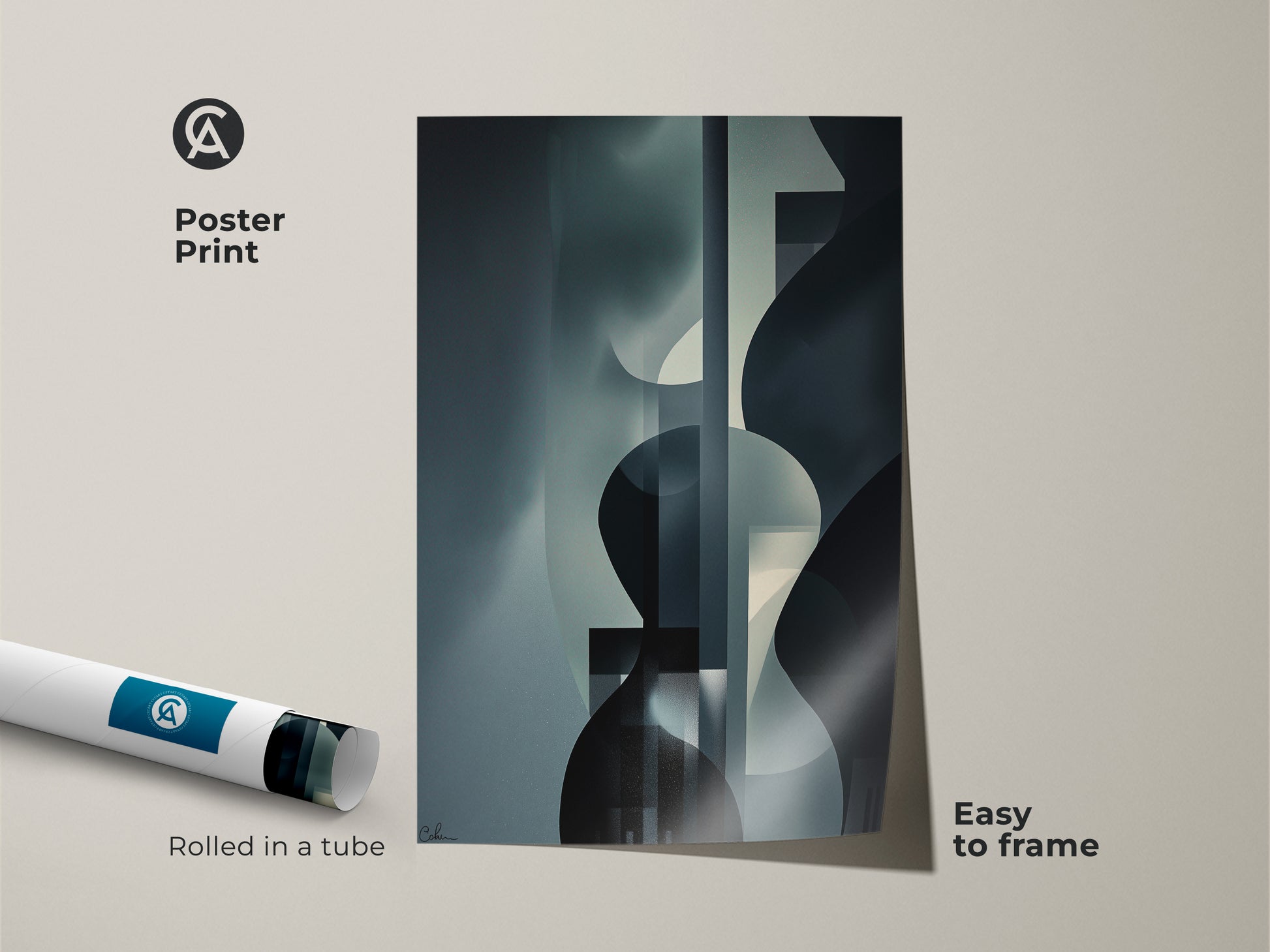 Poster print of an abstract geometric art piece featuring navy gray and teal hues. This contemporary artwork is rolled in a tube for easy framing. A sophisticated touch to any wall.