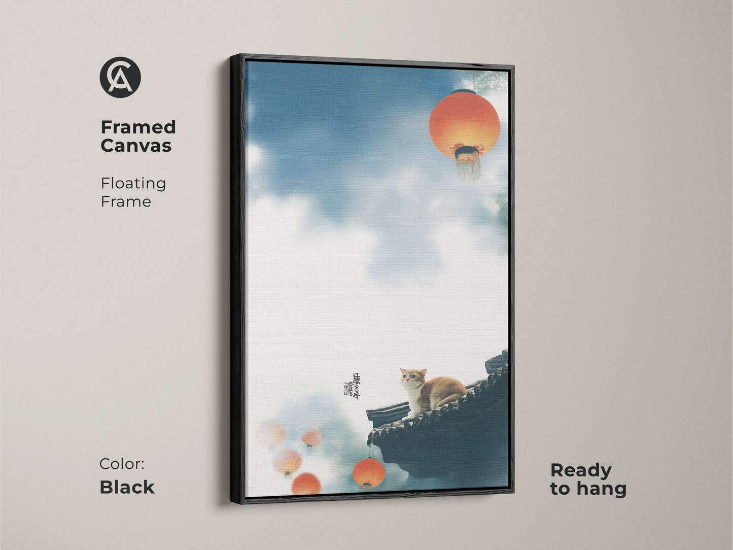 Framed canvas art print featuring a cat on a rooftop. This floating frame is black. The traditional Asian cat art includes orange lanterns and a blue sky. Ready to hang this piece adds an eclectic touch to any room. Perfect as a housewarming gift for cat lovers this is cozy bedroom wall decor.