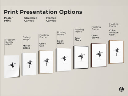 Explore print presentation options featuring minimalist black ballerina silhouette art. Choose from poster prints stretched canvas and framed canvas. Options include floating frames in black white oak brown and antique gold. Find the perfect museum-quality paper or gallery wrap for your aesthetic dance decor.