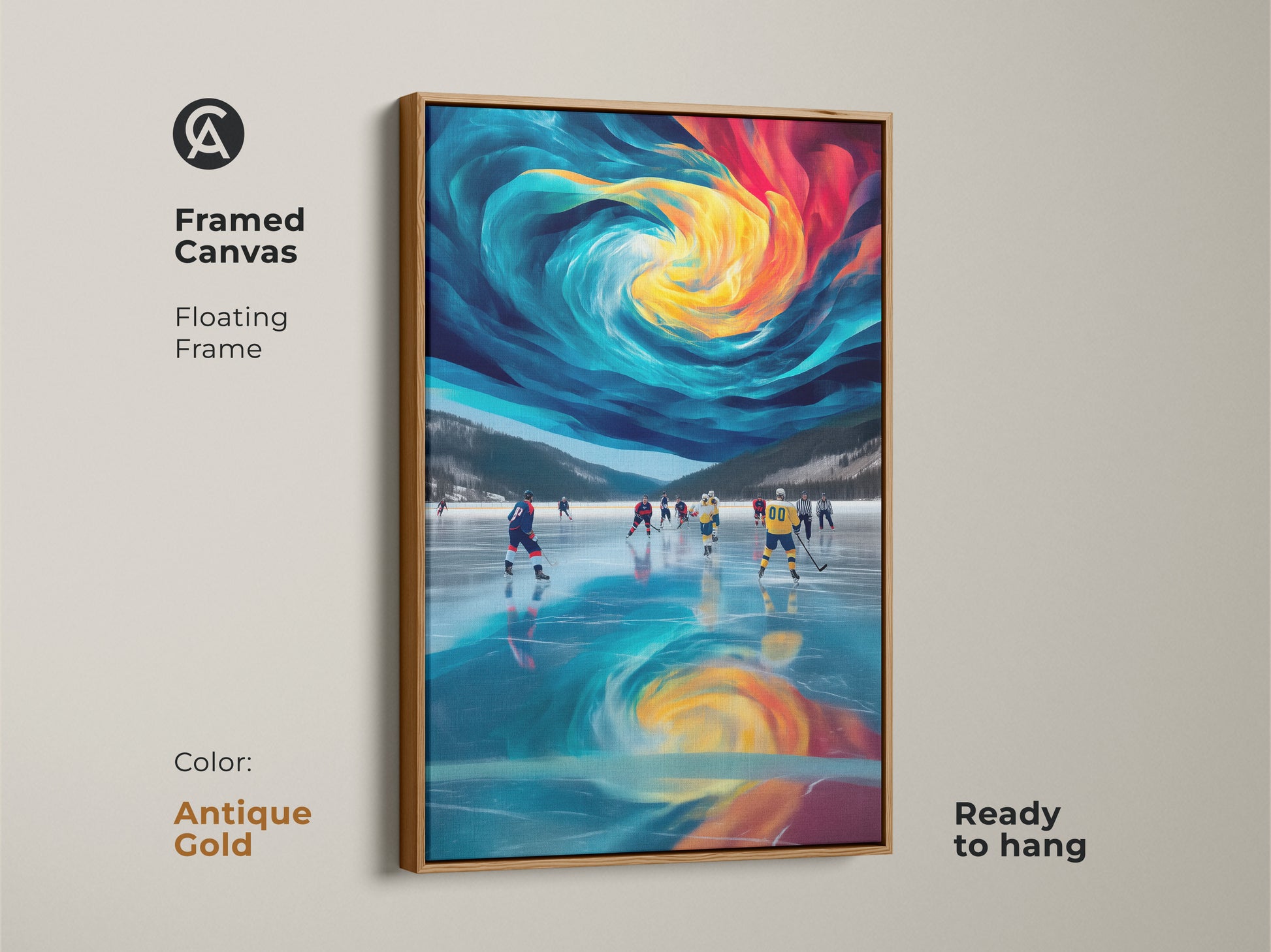 Framed canvas with a floating frame in antique gold featuring abstract hockey art. Modern sports wall art with dynamic blue yellow and teal colors. The ice rink scene creates energy in any room. This contemporary artwork is ready to hang. It is perfect for offices or home gyms. This unique gift for sports fans is eye-catching.