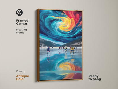 Framed canvas with a floating frame in antique gold featuring abstract hockey art. Modern sports wall art with dynamic blue yellow and teal colors. The ice rink scene creates energy in any room. This contemporary artwork is ready to hang. It is perfect for offices or home gyms. This unique gift for sports fans is eye-catching.