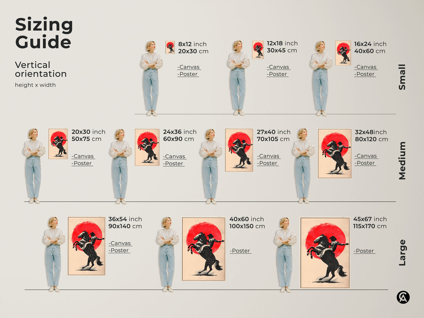 Sizing guide showing different sizes of the cowboy on horse canvas artwork. Vertical orientation options are available. Choose between canvas or poster for the different sizes. Perfect for any wall in your home or as a gift.