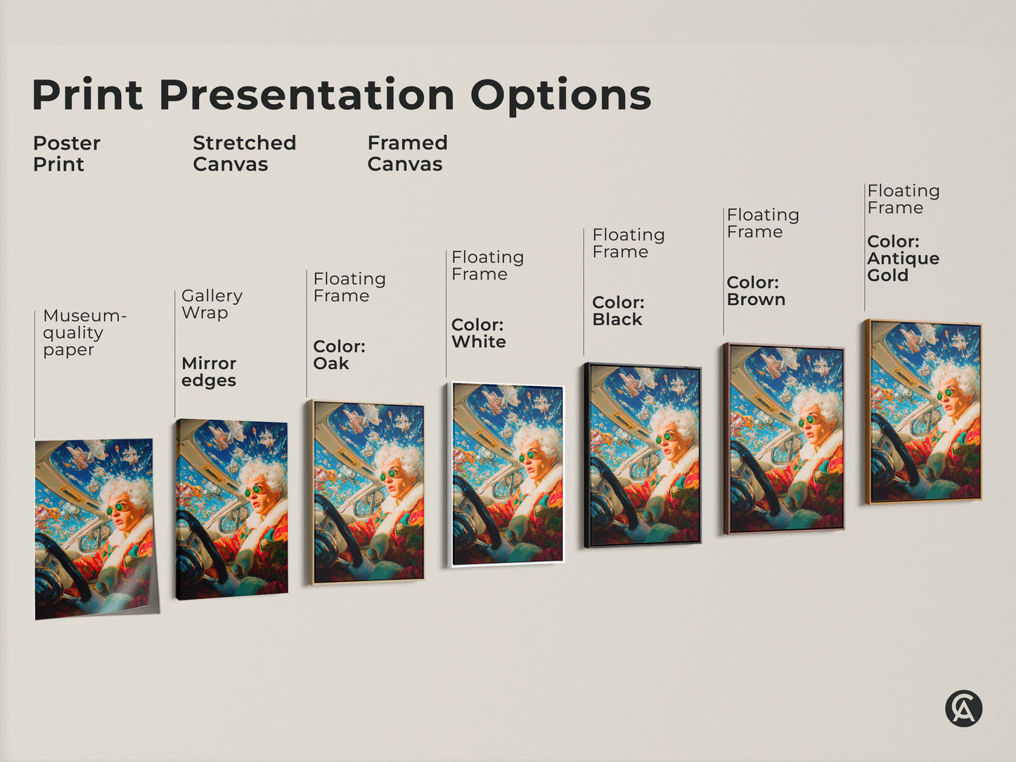 Explore our print presentation options. Choose from poster prints stretched canvas and framed canvas. Each option showcases the eccentric driver artwork. Find the perfect style to match your taste and decor. Elevate your space with art.