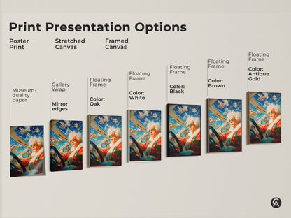 Explore our print presentation options. Choose from poster prints stretched canvas and framed canvas. Each option showcases the eccentric driver artwork. Find the perfect style to match your taste and decor. Elevate your space with art.