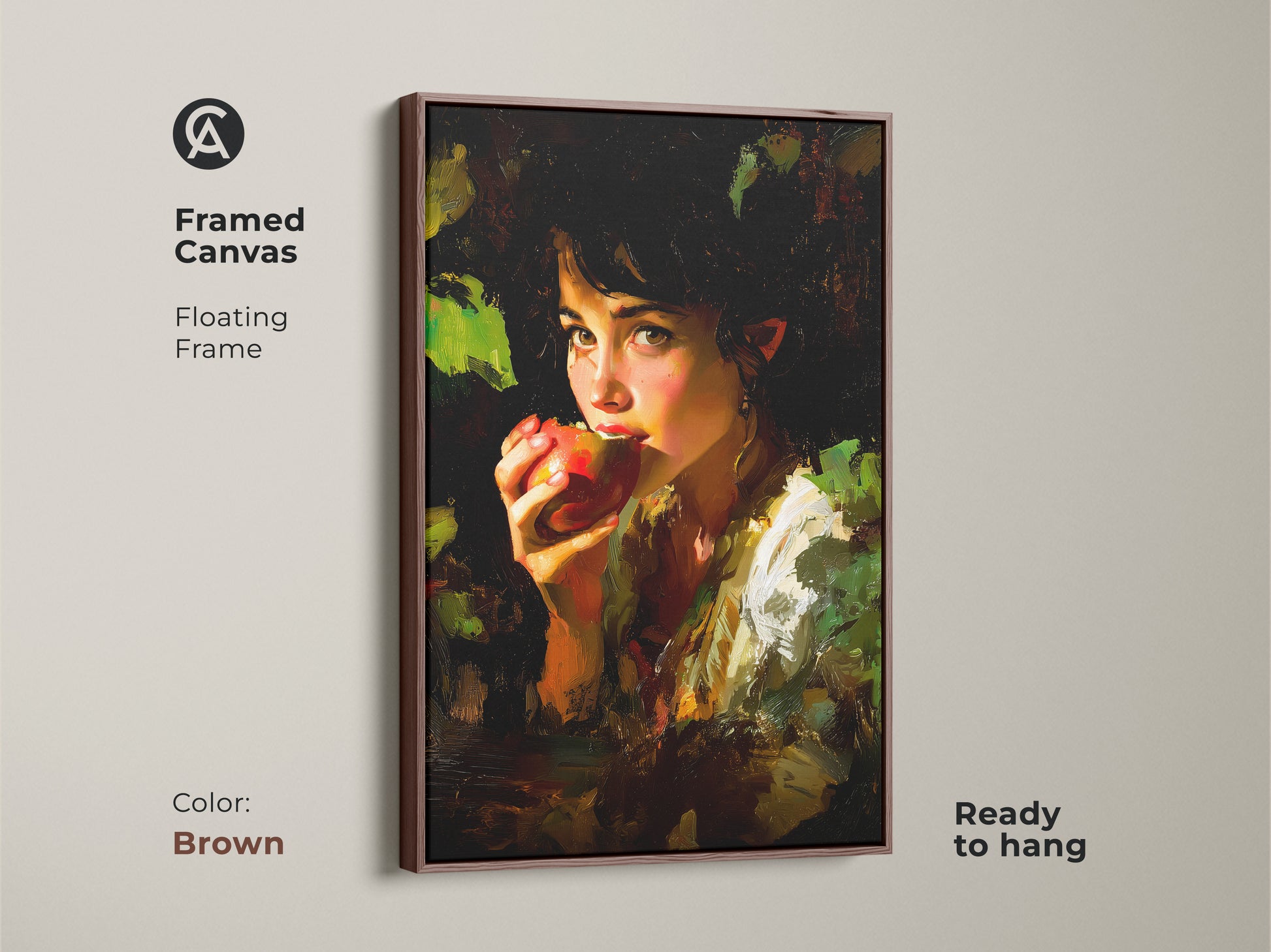 Framed canvas with a floating brown frame showcasing the Chiaroscuro Apple Girl Art. This impressionist style artwork is ready to hang adding an eclectic touch. Earthy tones and deep reds make it a perfect housewarming gift. It’s a classic still life painting.