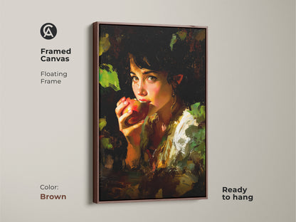 Framed canvas with a floating brown frame showcasing the Chiaroscuro Apple Girl Art. This impressionist style artwork is ready to hang adding an eclectic touch. Earthy tones and deep reds make it a perfect housewarming gift. It’s a classic still life painting.