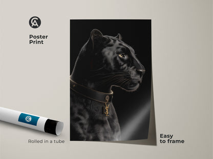 Poster print of a black panther with a gold collar. A contemporary animal artwork rolled in a tube. Easy to frame. A modern wildlife decor piece for animal lovers. Enhances any living space.