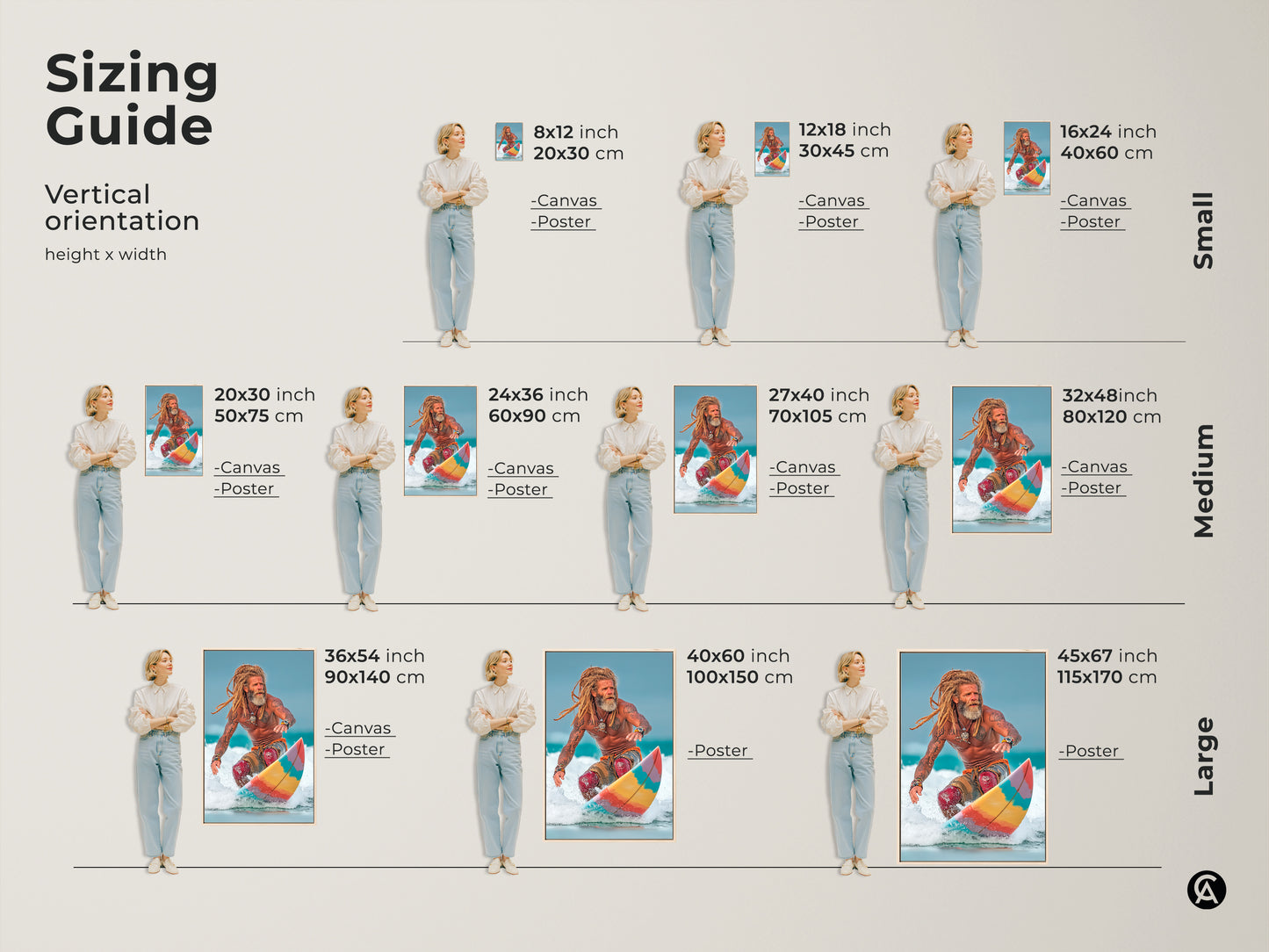 Sizing Guide for vertical orientation: Canvas and Poster Print options available in small medium and large sizes. Sizes range from 8x12 inch to 45x67 inch. Featuring Coastal Surfer Canvas Print ocean lifestyle photography family room wall art.