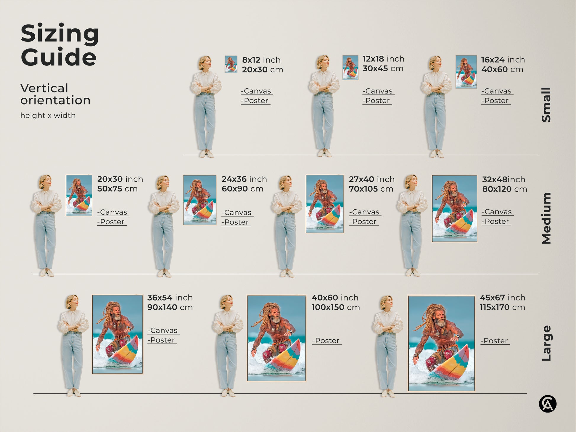 Sizing Guide for vertical orientation: Canvas and Poster Print options available in small medium and large sizes. Sizes range from 8x12 inch to 45x67 inch. Featuring Coastal Surfer Canvas Print ocean lifestyle photography family room wall art.