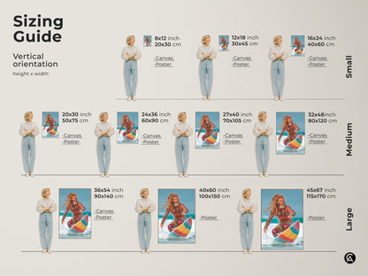 Sizing Guide for vertical orientation: Canvas and Poster Print options available in small medium and large sizes. Sizes range from 8x12 inch to 45x67 inch. Featuring Coastal Surfer Canvas Print ocean lifestyle photography family room wall art.
