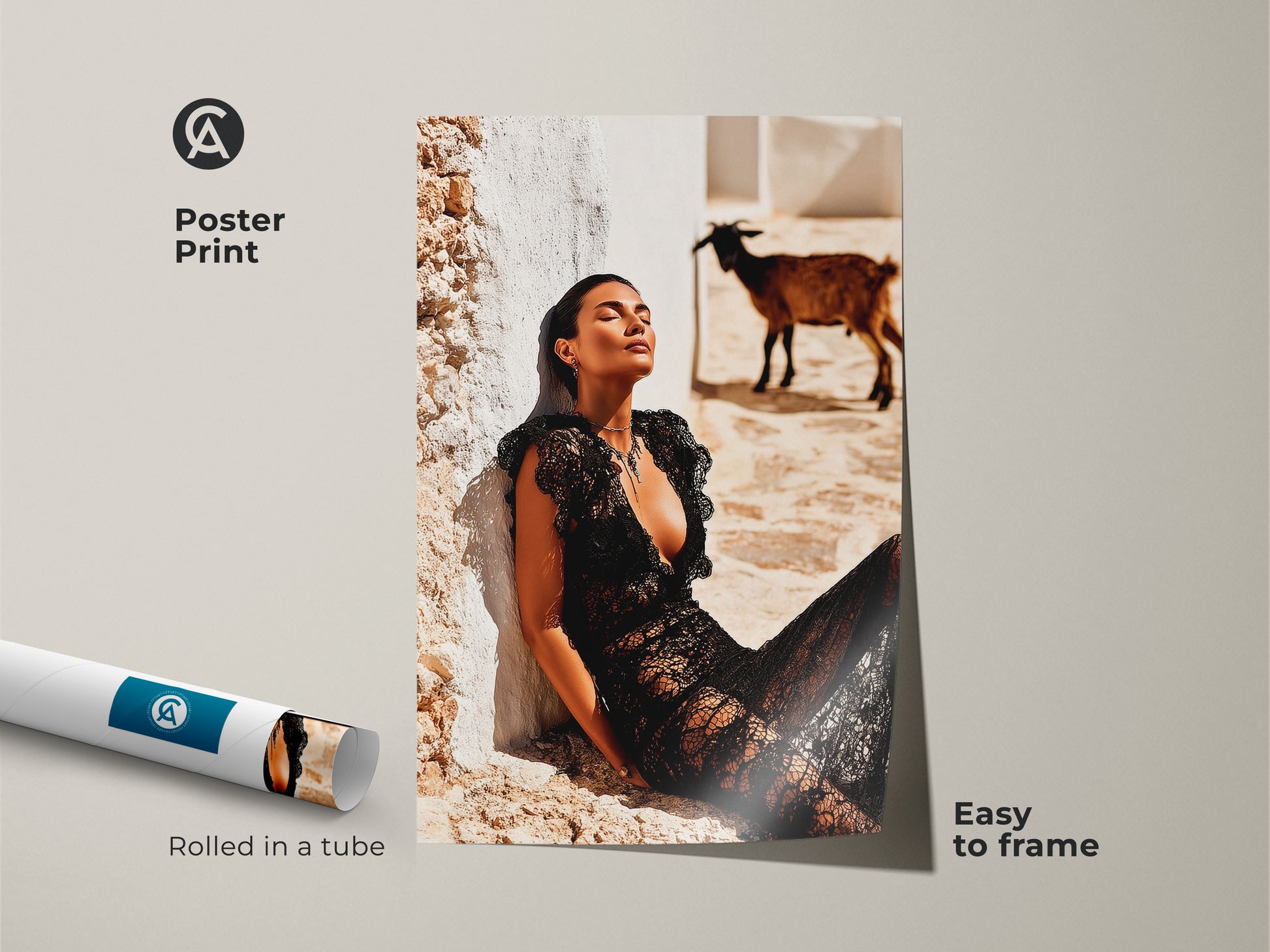 Poster Print featuring fashion photography. The artwork shows a woman in a black lace dress with a goat. Rolled in a tube and easy to frame. The print embodies a unique Mediterranean aesthetic. The travel-inspired artwork enhances contemporary interiors. Adds boho chic to any space.