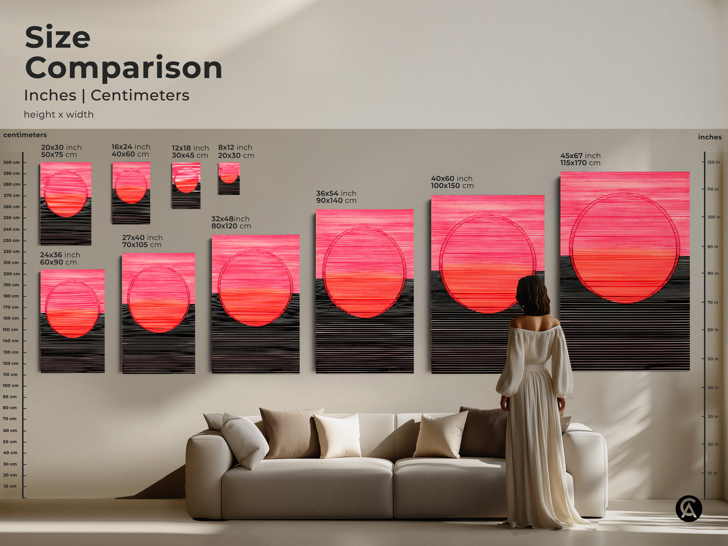 Size comparison chart for abstract geometric artwork. Available in inches and centimeters. This modern art is perfect for home decor. The hot pink coral and black art complements any room.