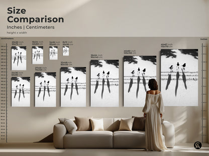 Size comparison of birds on music notes art prints in a living room setting. Minimalist black and white posters and canvas sizes are displayed. Find the perfect contemporary art.