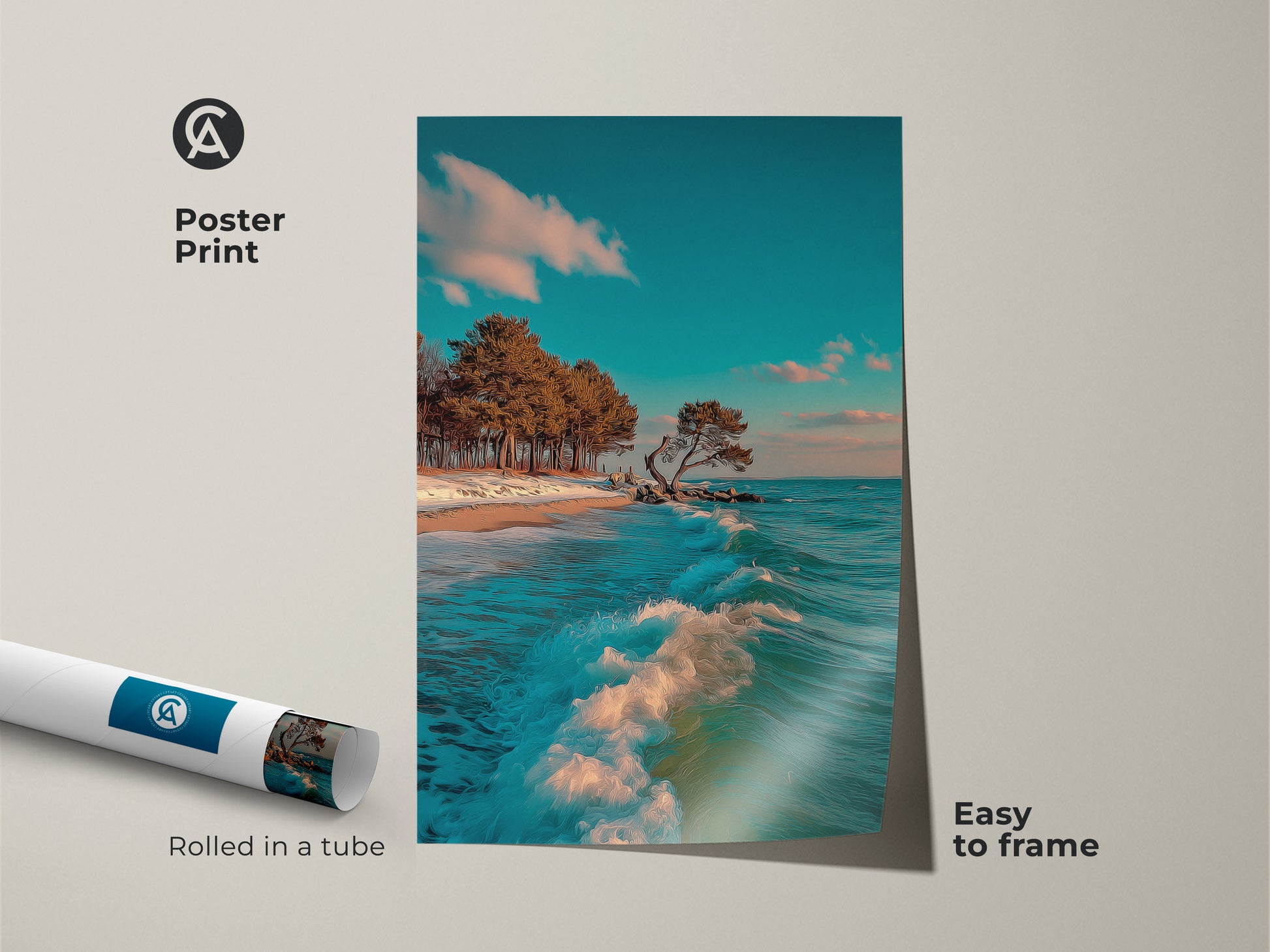 Poster print of a teal blue ocean wave crashing on a beach. The coastal landscape artwork is easy to frame. Rolled in a tube for protection this seaside tree art is a great gift. The blue and teal wall decor adds a nautical touch. Perfect for living room art.