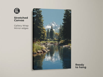 Stretched canvas print showcasing a mountain river landscape with snowy peaks and forest pine trees. This gallery-wrapped nature artwork has mirrored edges and is ready to hang. Perfect as bedroom landscape decor or a rustic housewarming gift for outdoor enthusiasts.
