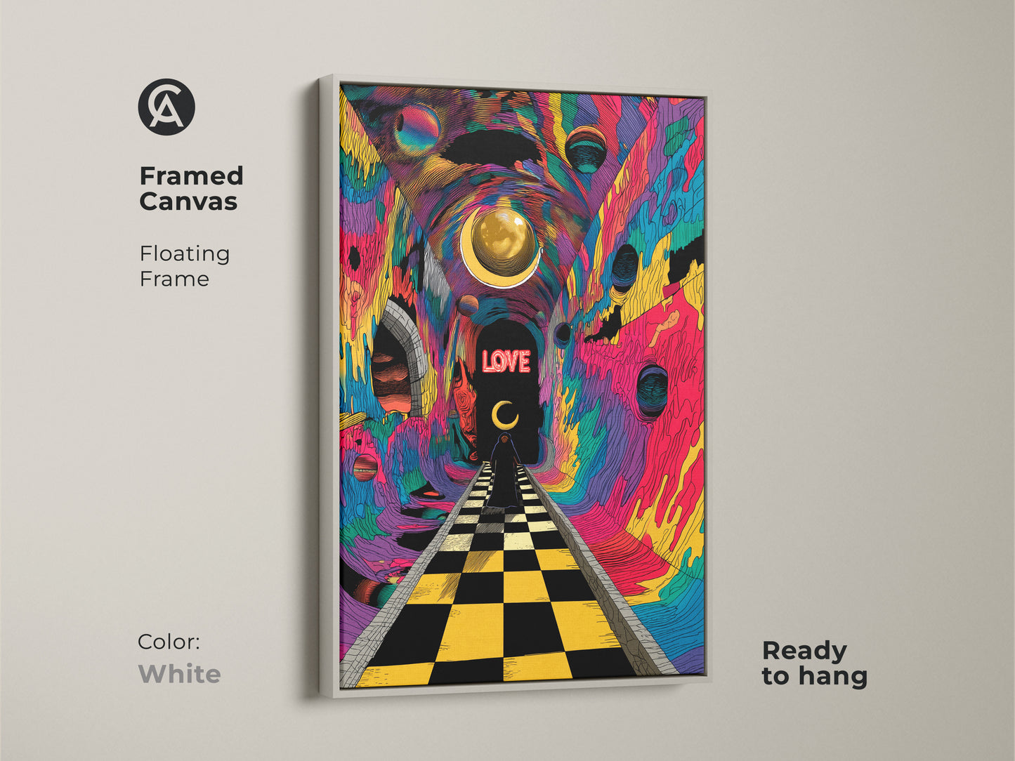 Framed canvas in a white floating frame features psychedelic tunnel artwork. The surreal chessboard path and optical illusion create a trippy visual. Ready to hang this vivid color abstract print adds modern eclectic art.