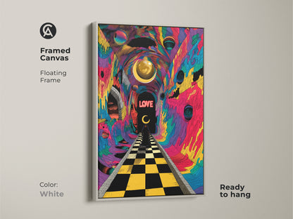 Framed canvas in a white floating frame features psychedelic tunnel artwork. The surreal chessboard path and optical illusion create a trippy visual. Ready to hang this vivid color abstract print adds modern eclectic art.