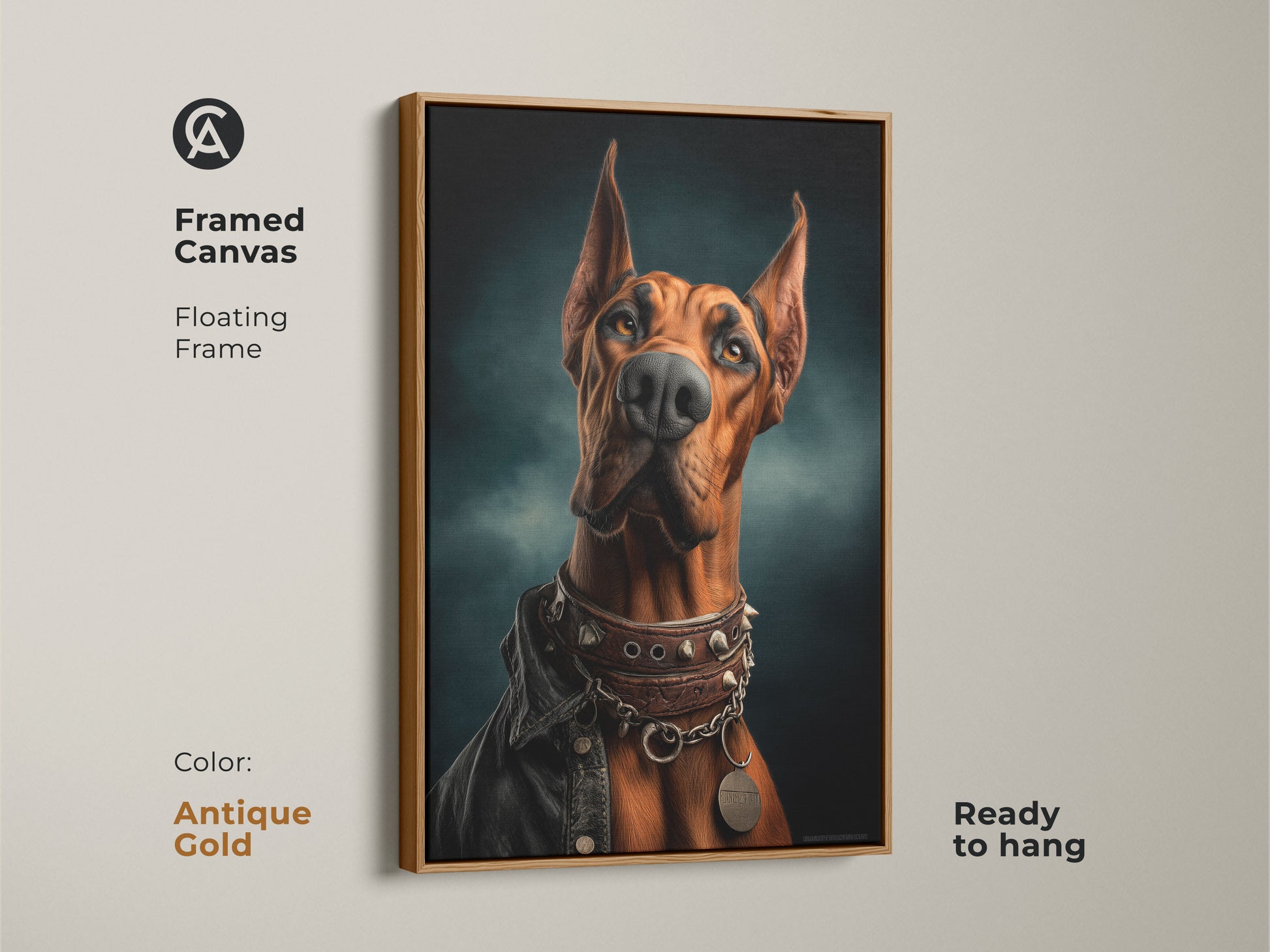 Antique Gold framed canvas art of a Doberman is ready to hang. The floating frame highlights the art piece. The russet Doberman dons a studded collar and leather jacket. This unique artwork offers an eclectic feel to any room and is a gift for dog lovers.
