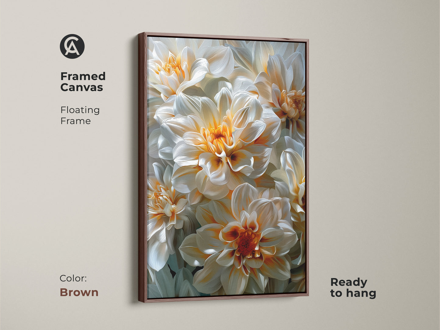 Framed canvas art featuring white and orange dahlia flowers. The frame is brown and it has a floating style. The canvas is ready to hang. This framed floral art brings warmth and sophistication to your living space. The artwork is perfect for any space.