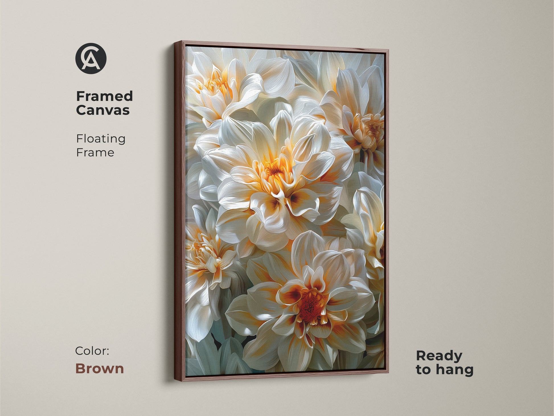 Framed canvas art featuring white and orange dahlia flowers. The frame is brown and it has a floating style. The canvas is ready to hang. This framed floral art brings warmth and sophistication to your living space. The artwork is perfect for any space.