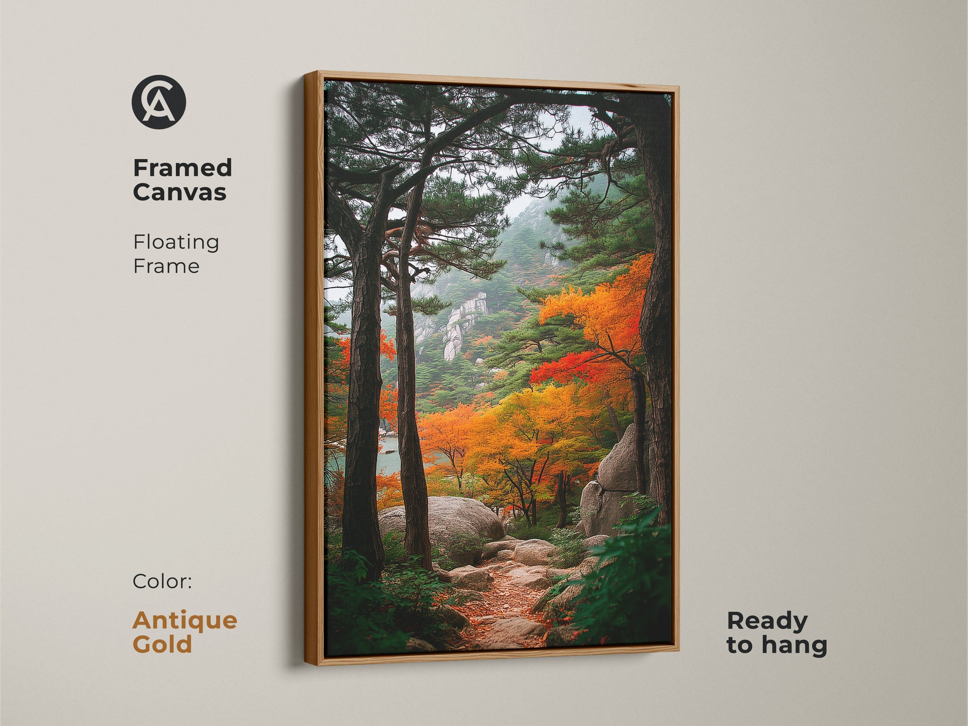 Framed canvas print featuring a fall mountain landscape. The antique gold floating frame adds elegance to the artwork. This ready-to-hang piece enhances your space. It's a beautiful wall decor option.