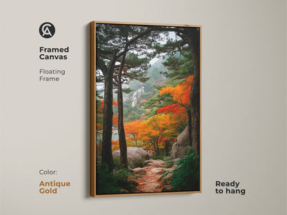 Framed canvas print featuring a fall mountain landscape. The antique gold floating frame adds elegance to the artwork. This ready-to-hang piece enhances your space. It's a beautiful wall decor option.