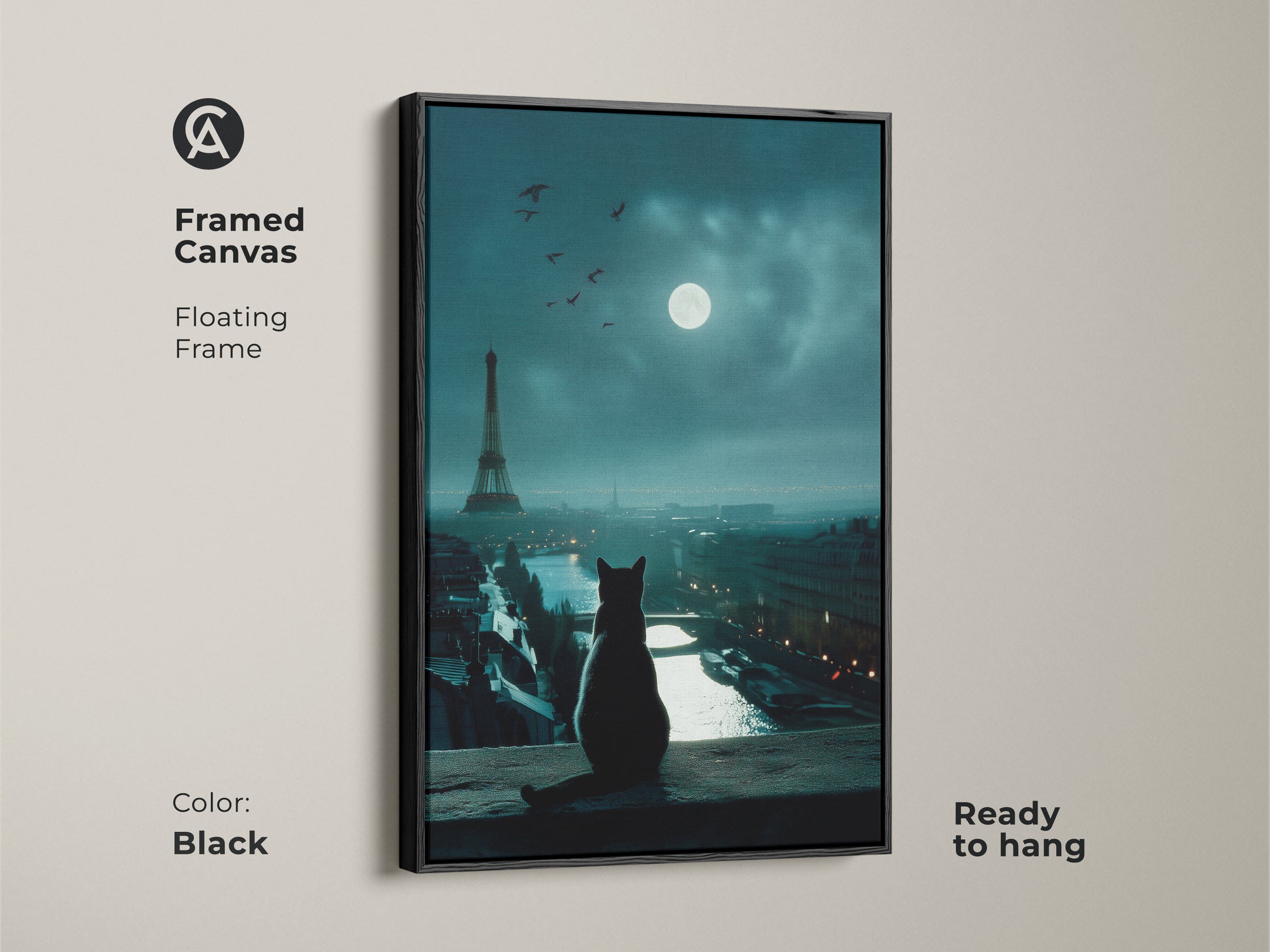 Black framed canvas of a cat art print. Cat sits on a building watching the Eiffel Tower in Paris. Full moon illuminates the night. This ready-to-hang artwork adds sophistication to any room. A perfect piece for cat lovers.